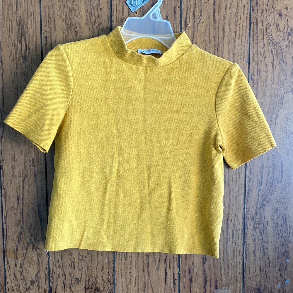 Zara Yellow Mandarin Collar Fitted Crop Top